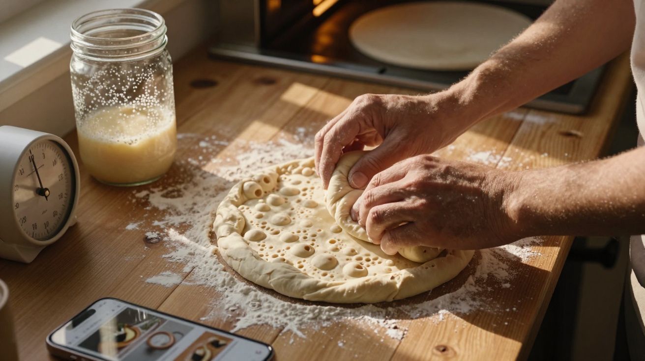 Mãos a trabalhar massa de pão com buracos numa bancada de cozinha com farinha e utensílios à volta.
