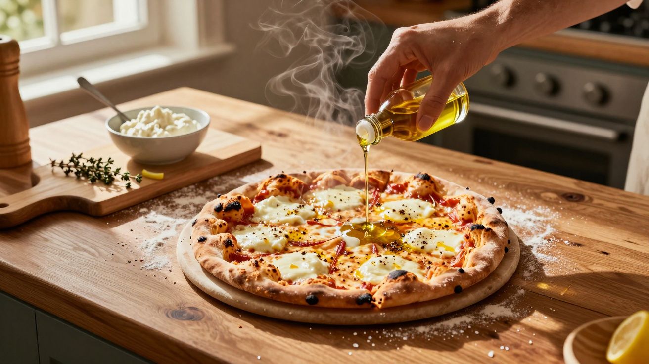 Mão a regar pizza com azeite numa cozinha, com queijo e ervas num tabuleiro em fundo de madeira.