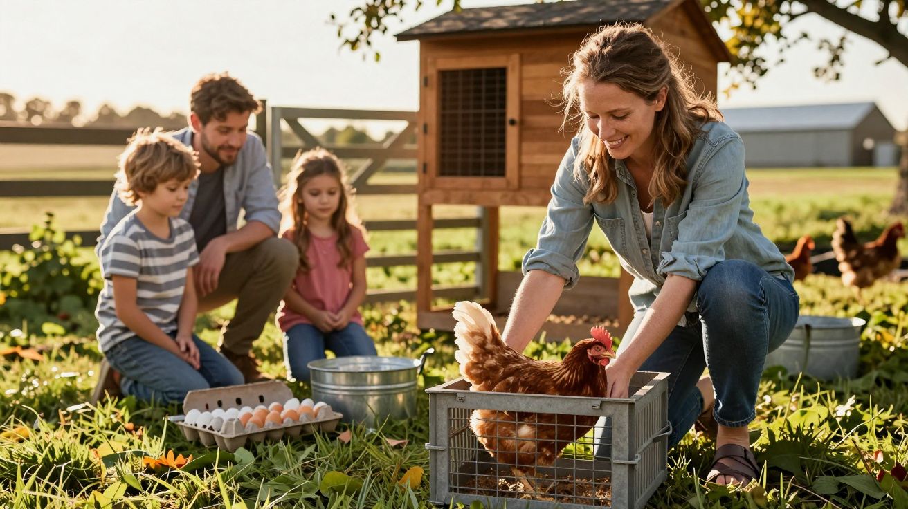 Família apanha ovos no galinheiro ao ar livre numa quinta durante o dia ensolarado.
