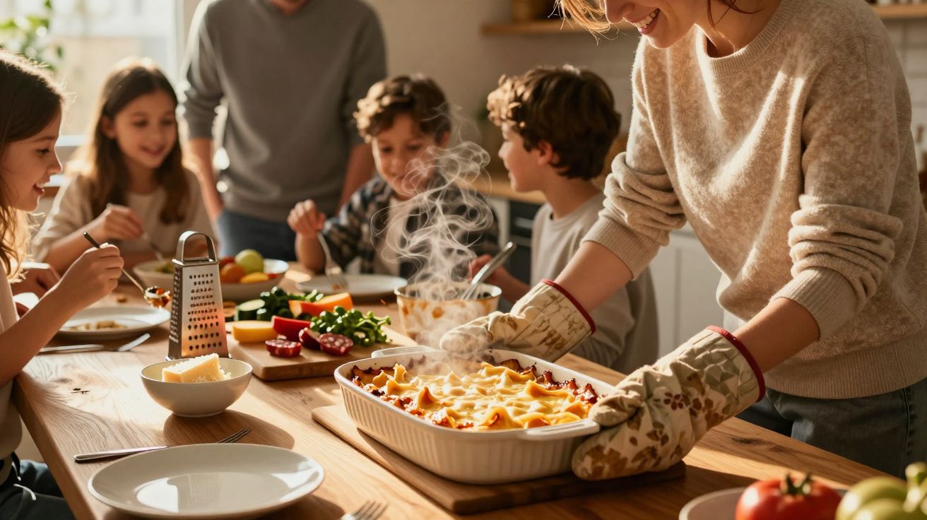 Família reunida à mesa enquanto mulher retira lasanha quente do forno para refeição em casa.