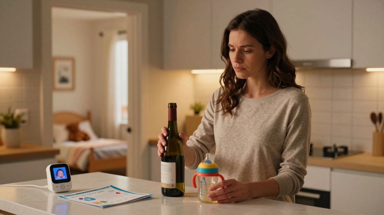 Mulher preocupada na cozinha com garrafa de vinho e biberão, olhando para monitor de bebé ligado na bancada.