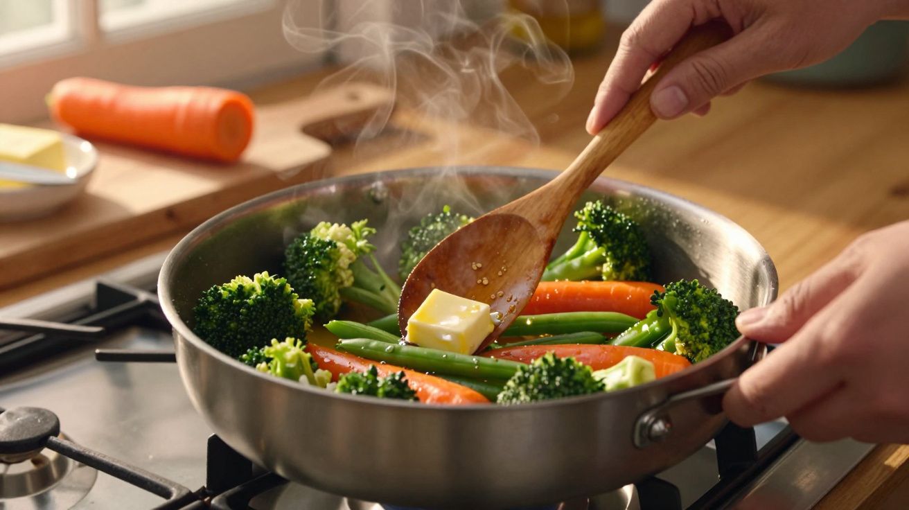 Legumes a cozinhar numa frigideira, com manteiga a derreter e vapor a subir na cozinha.