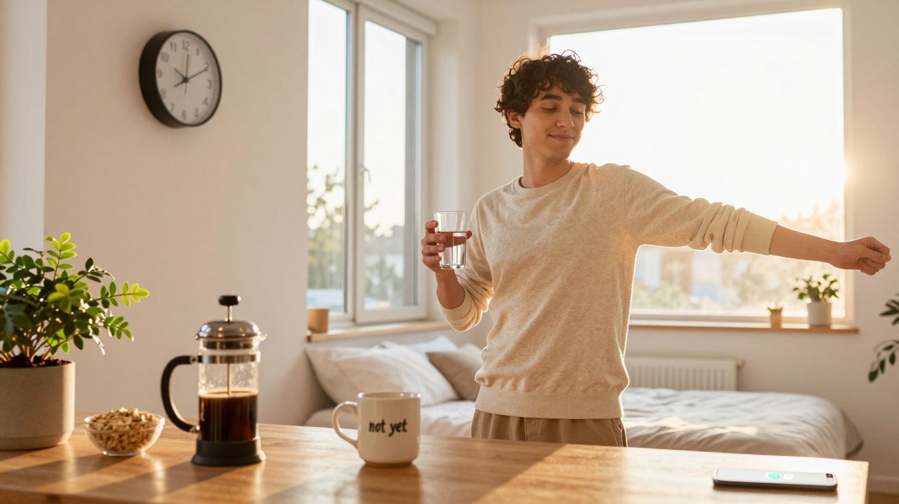Pessoa jovem a espreguiçar-se com um copo de água numa cozinha iluminada pelo sol da manhã.
