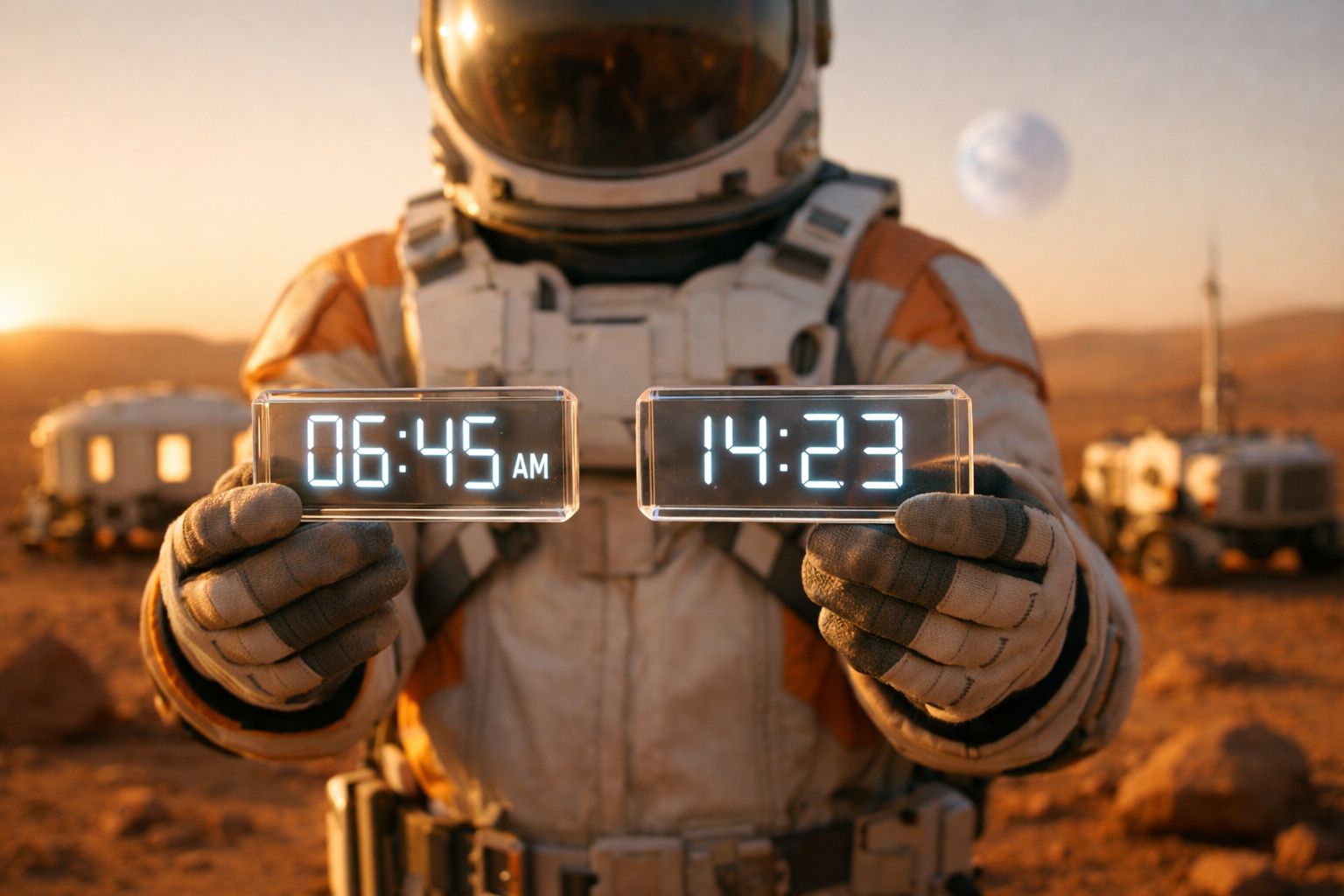 Astronauta em planeta deserto segura dois relógios digitais com horários diferentes.