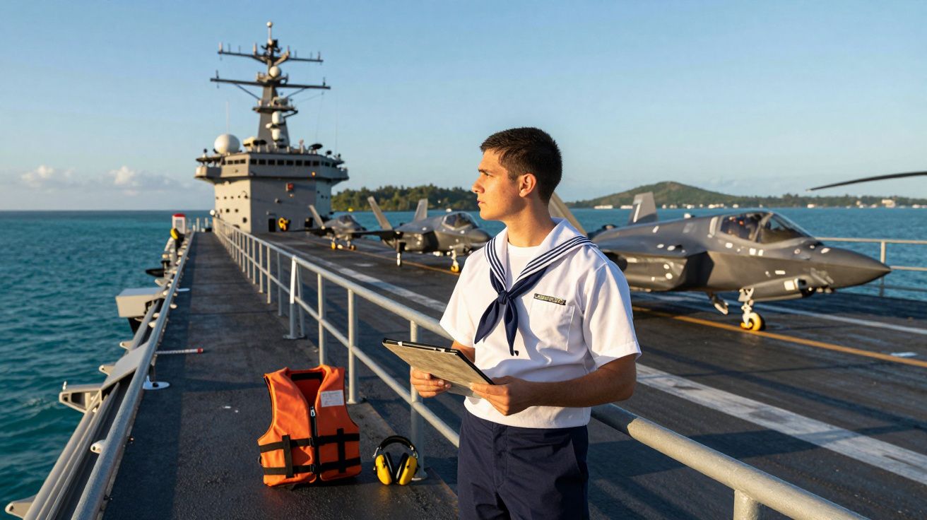 Jovem marinheiro com uniforme branco e azul no convés de porta-aviões com jatos estacionados em fundo marítimo.