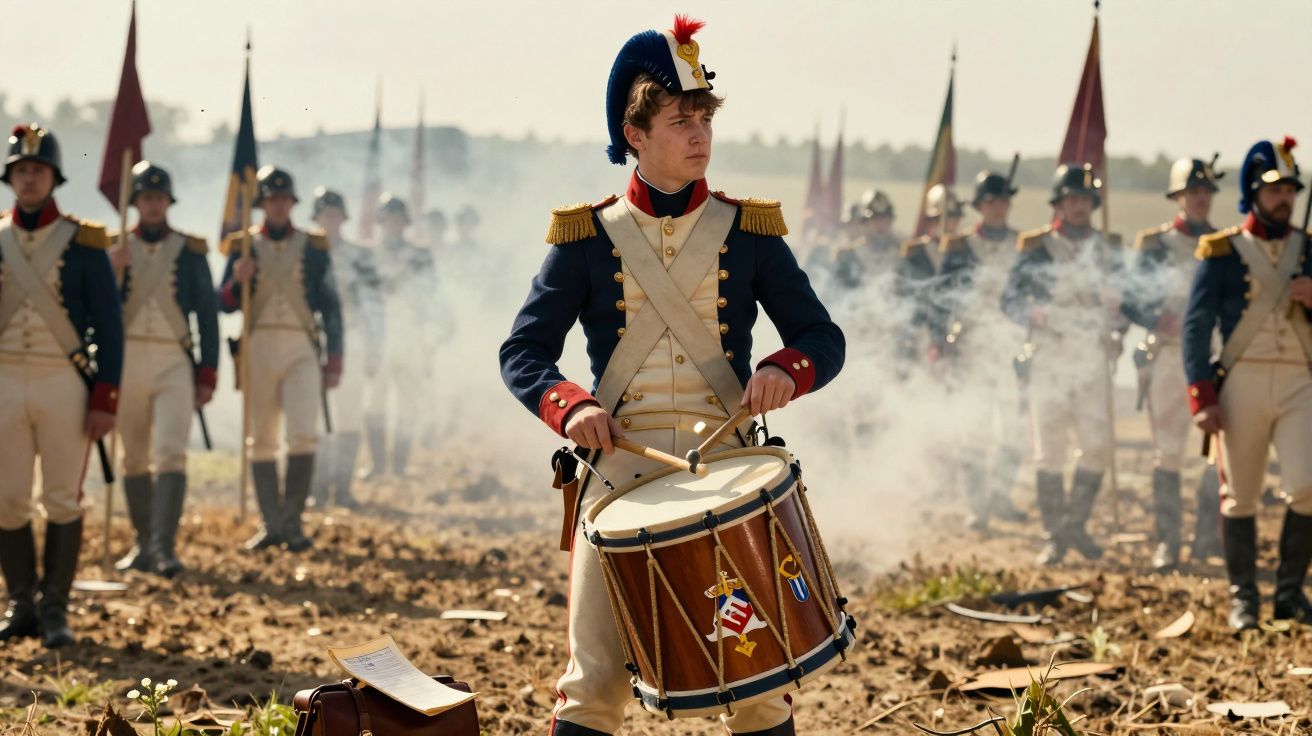 Baterista militar em uniforme histórico toca tambor na frente de soldados alinhados em campo com fumo ao fundo.