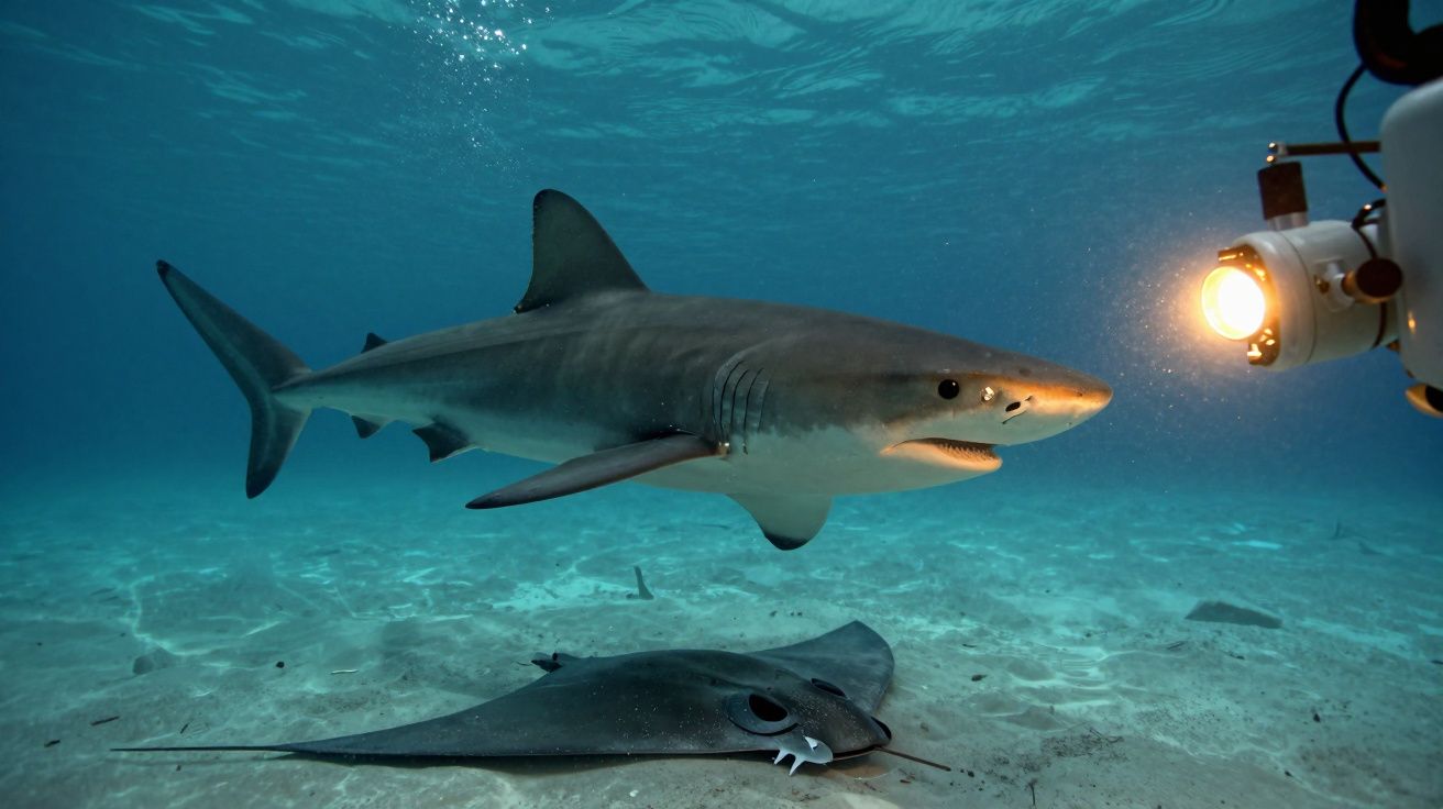 Tubarão e arraia juntos no fundo do mar iluminados por luz subaquática de um dispositivo próximo.