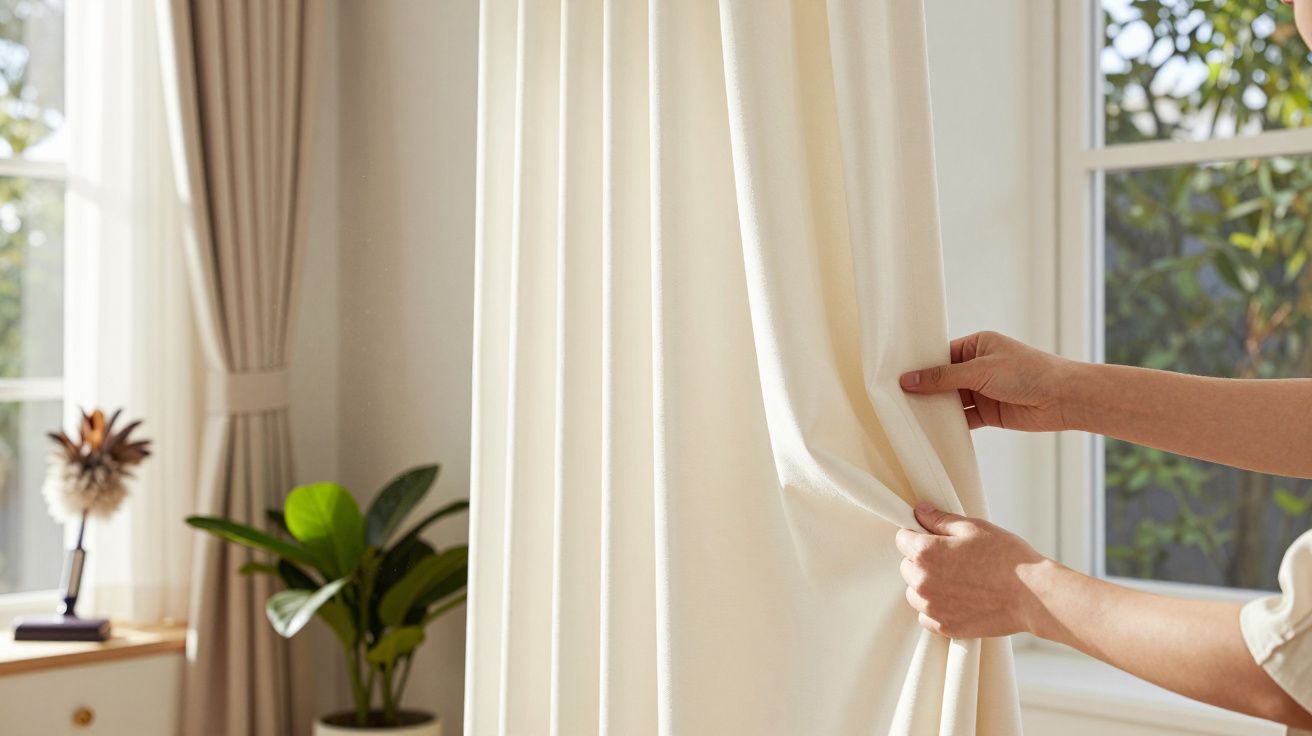 Mãos a abrir cortina creme junto a janela com plantas e mobiliário num quarto iluminado.
