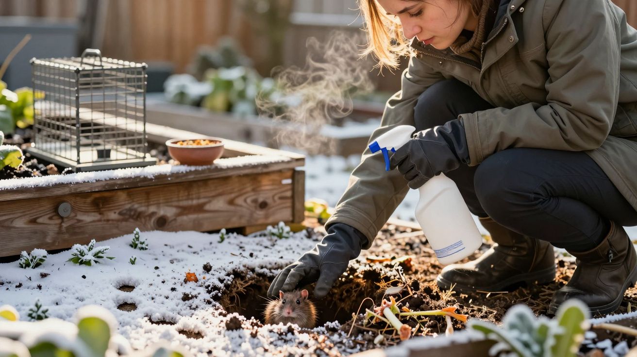 Mulher de luvas e casaco a pulverizar e a tocar num rato num jardim com neve.