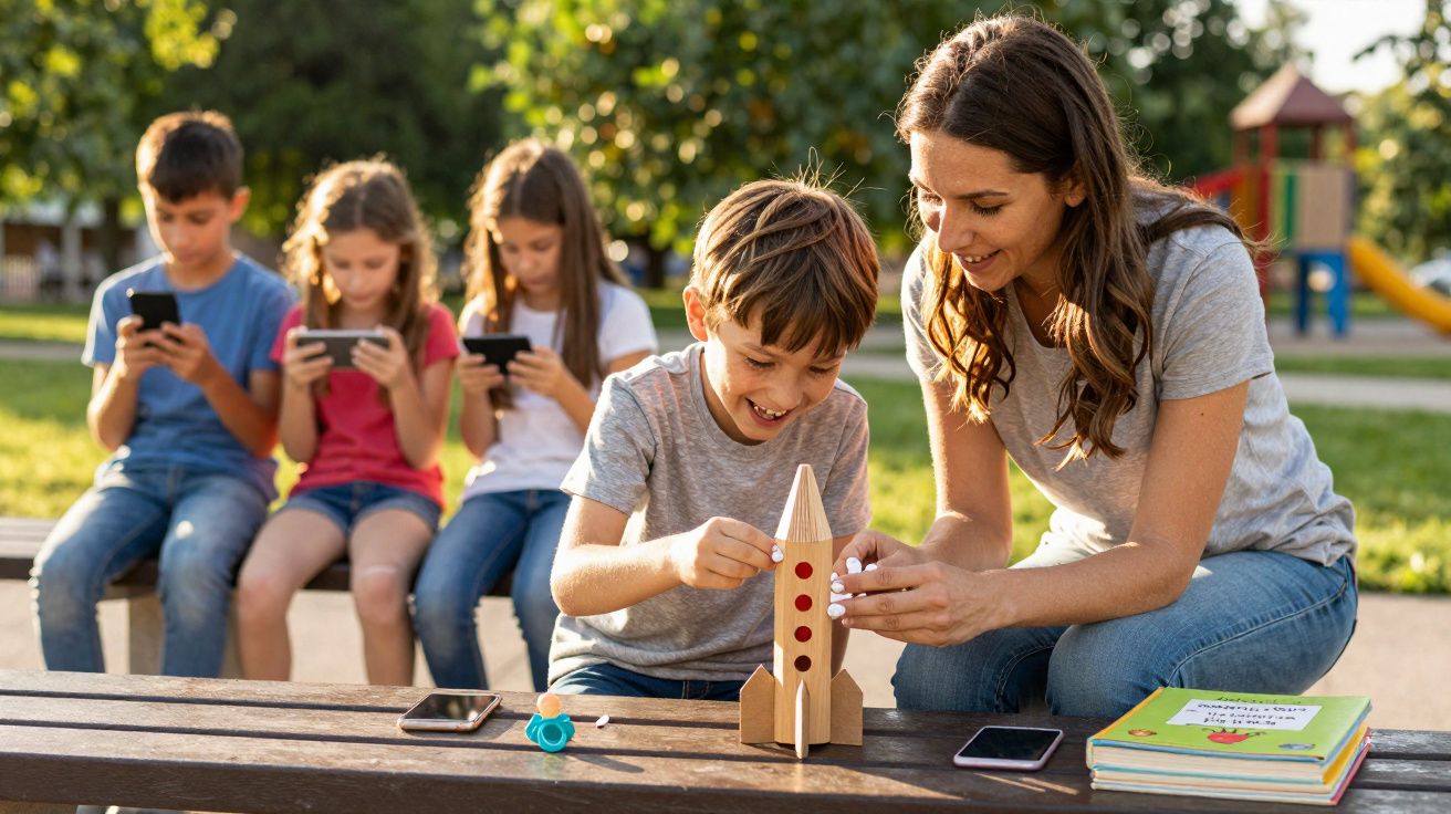 Criança a brincar com foguete de madeira com mulher sorridente, ao ar livre, enquanto outras crianças usam telemóveis ao fund