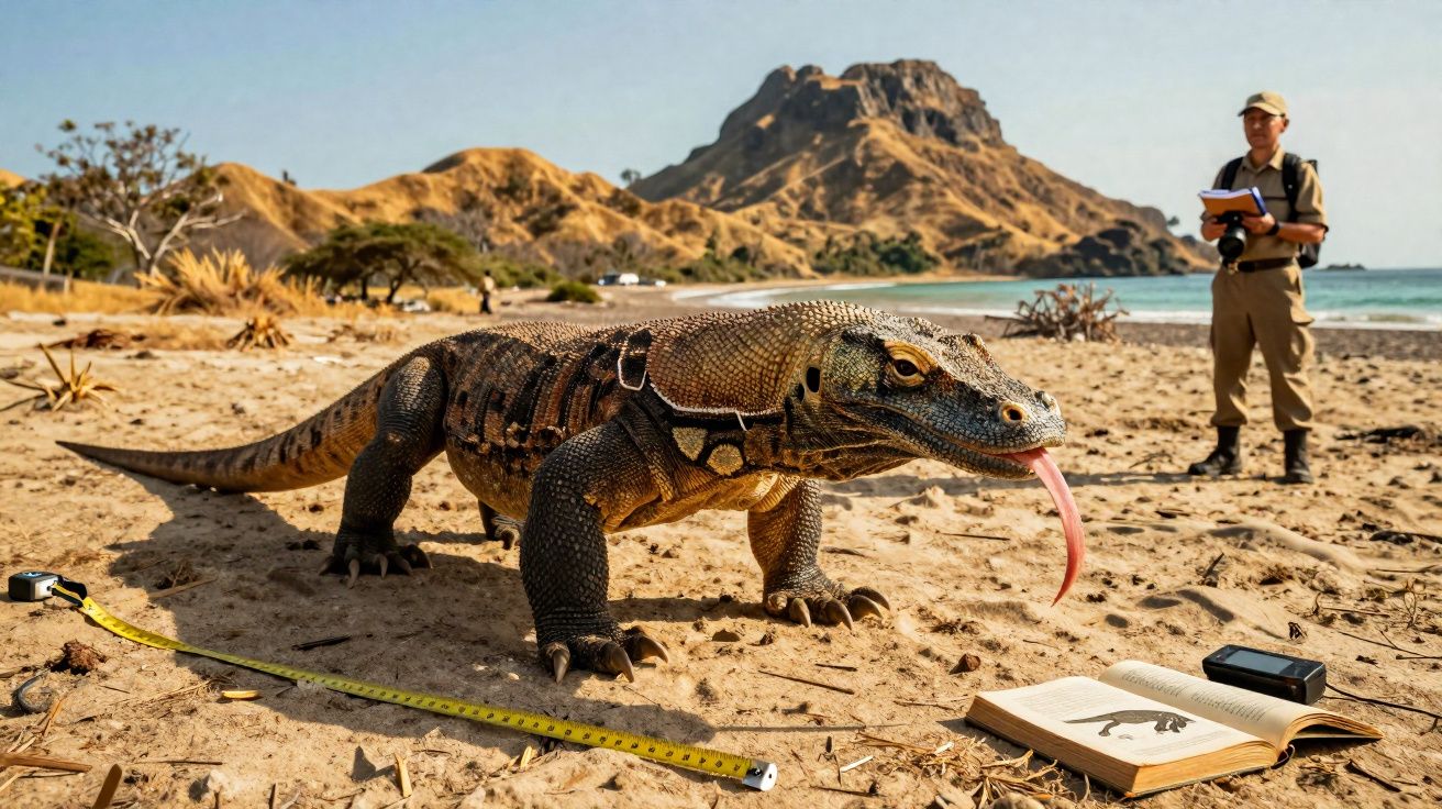 Dragão-de-komodo numa praia com caderno, fita métrica e homem ao fundo em ambiente natural.