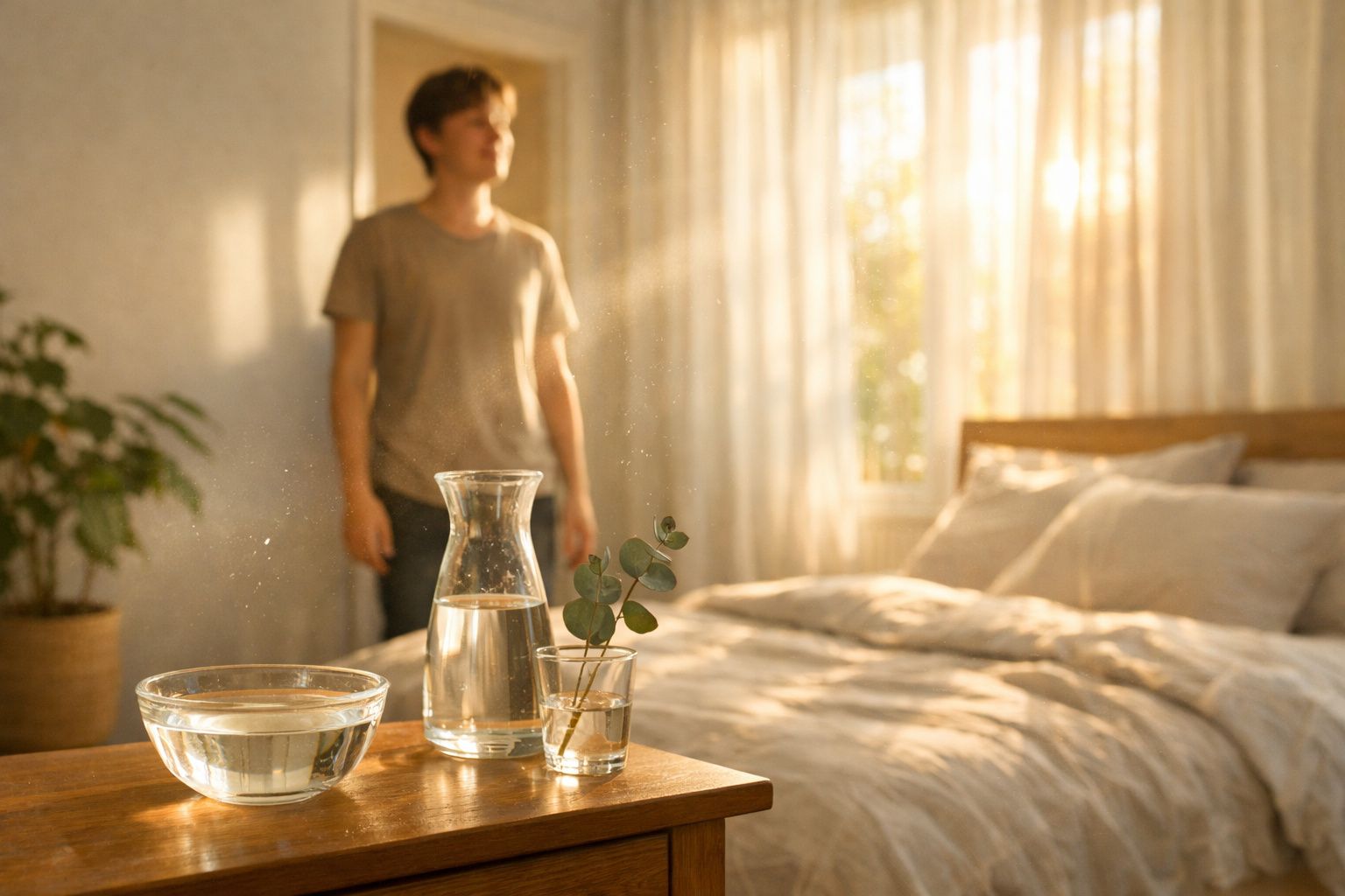 Recipientes com água e planta sobre mesa junto a cama, com homem desfocado e luz suave ao fundo.