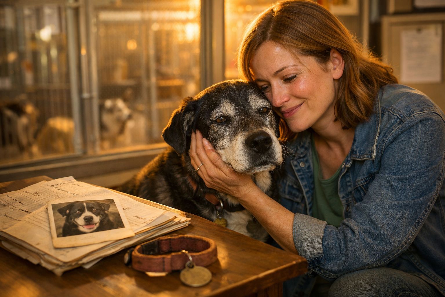 Mulher com casaco de ganga abraça e acaricia um cão cinzento junto a mesa com documentos e coleira.