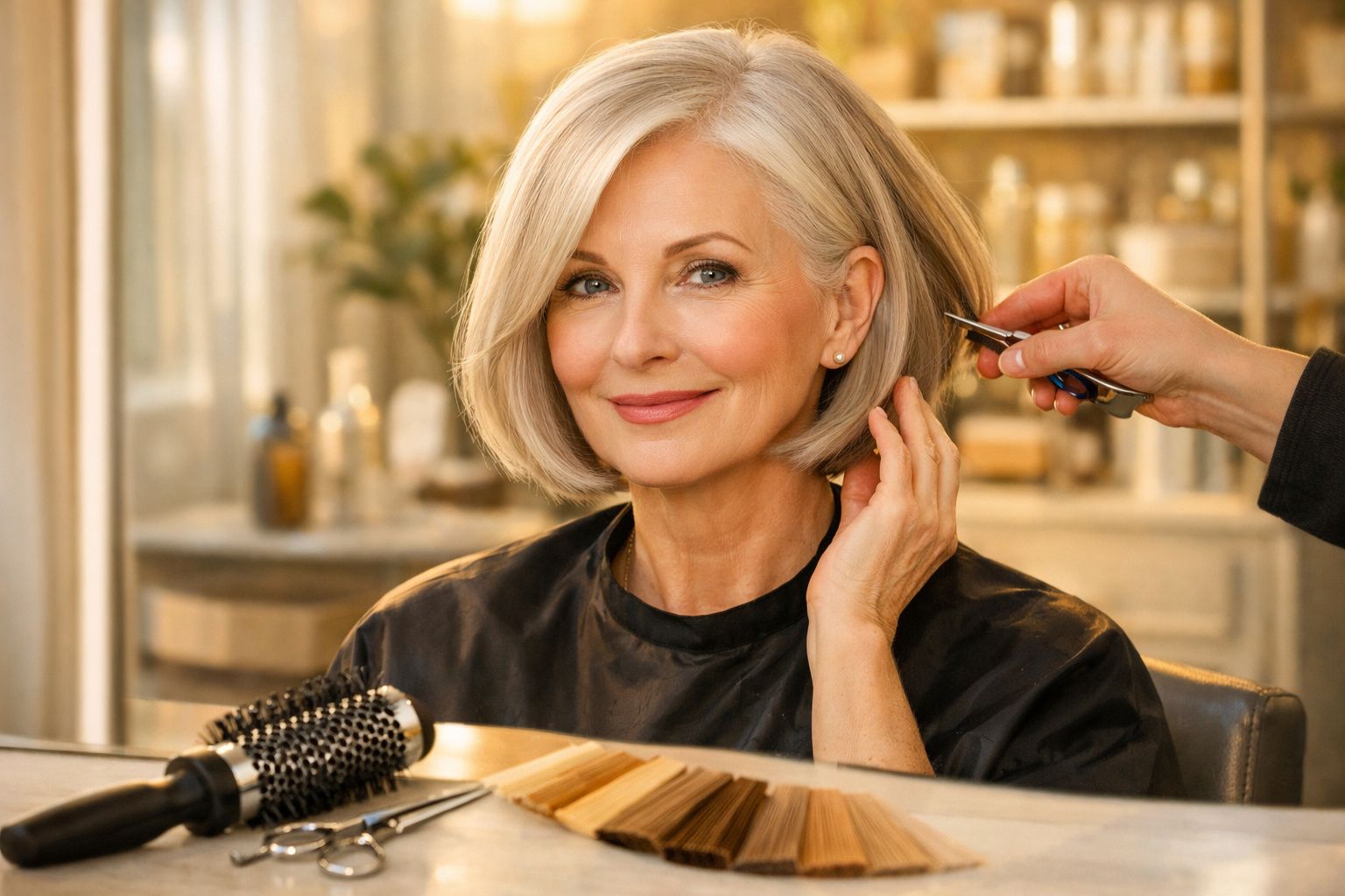 Mulher madura com cabelo grisalho curto sorrindo enquanto é penteada num salão de beleza.