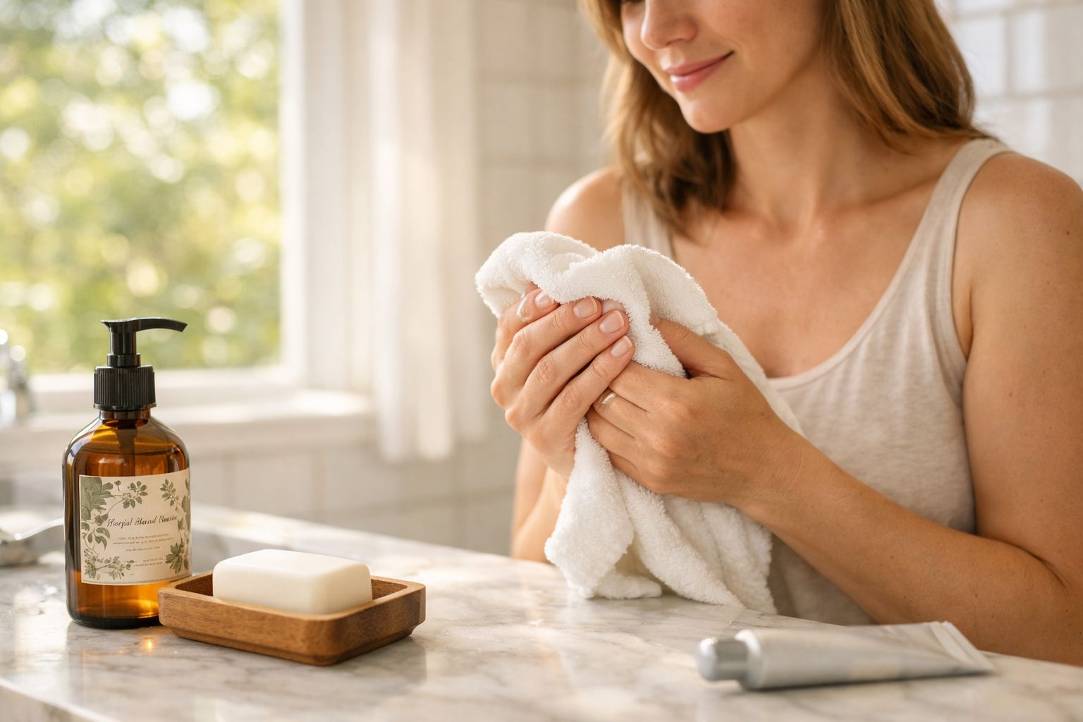 Mulher a secar as mãos com uma toalha branca ao lado de sabonete e dispenser de sabão líquido.