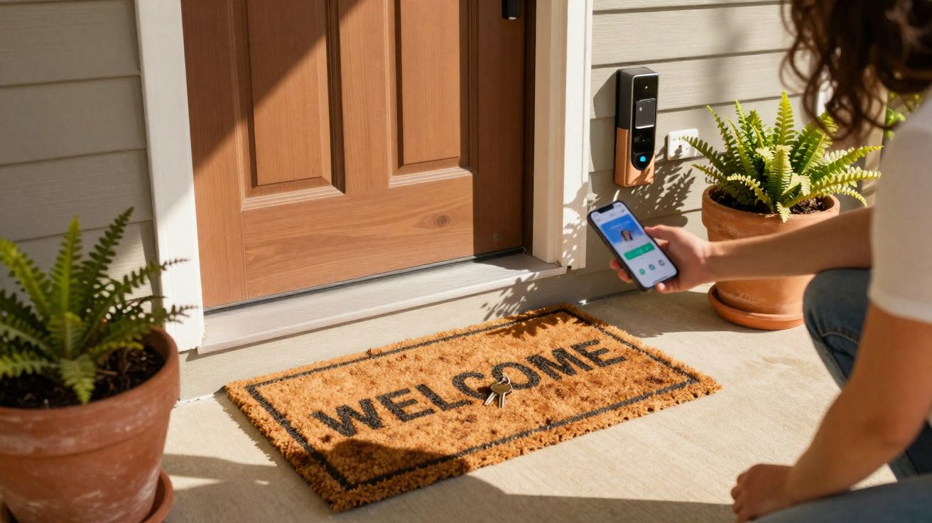 Pessoa a usar smartphone junto a uma porta com tapete "Welcome" e chaves, plantas e campainha inteligente.