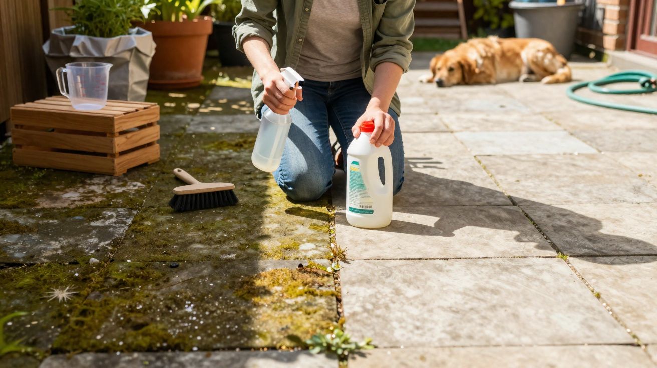 Pessoa a limpar musgo do chão de pedra numa área exterior com um cão deitado ao fundo.