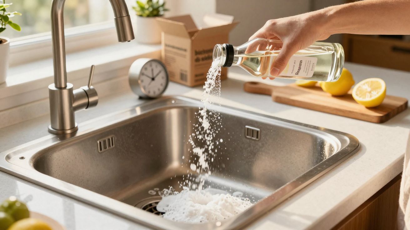 Pessoa a despejar bicarbonato de sódio numa cuba de cozinha em aço inoxidável.