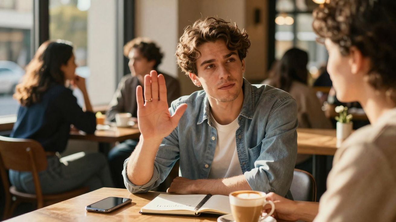 Homem jovem num café a levantar a mão, sentado à mesa com caderno, telefone e café à frente.