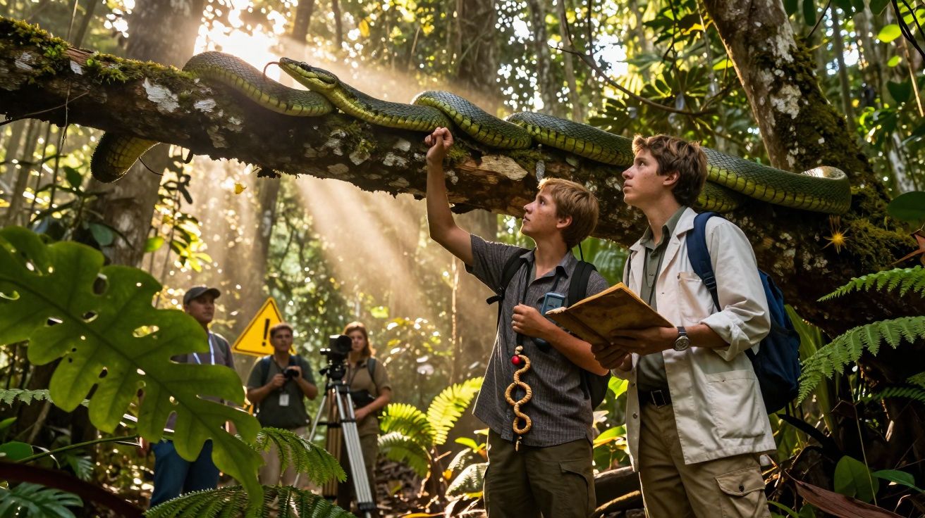 Dois rapazes observam uma serpente verde numa floresta, enquanto pessoas ao fundo filmam a cena.