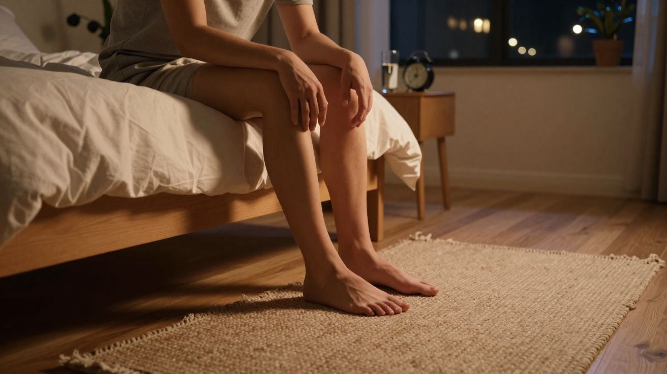 Pessoa sentada na cama num quarto à noite com carpete e janela iluminada ao fundo.