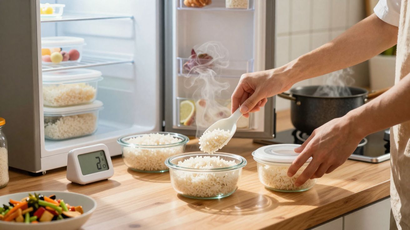 Pessoa a dividir arroz quente em recipientes de vidro num balcão de cozinha com frigorífico aberto e prato de legumes à frent