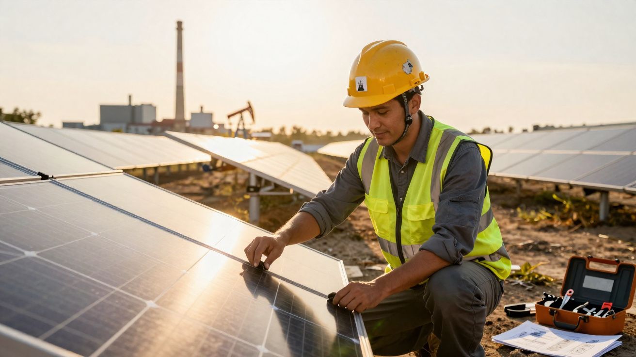 Técnico com capacete amarelo e colete fluorescente a inspecionar painéis solares numa central solar ao pôr do sol.