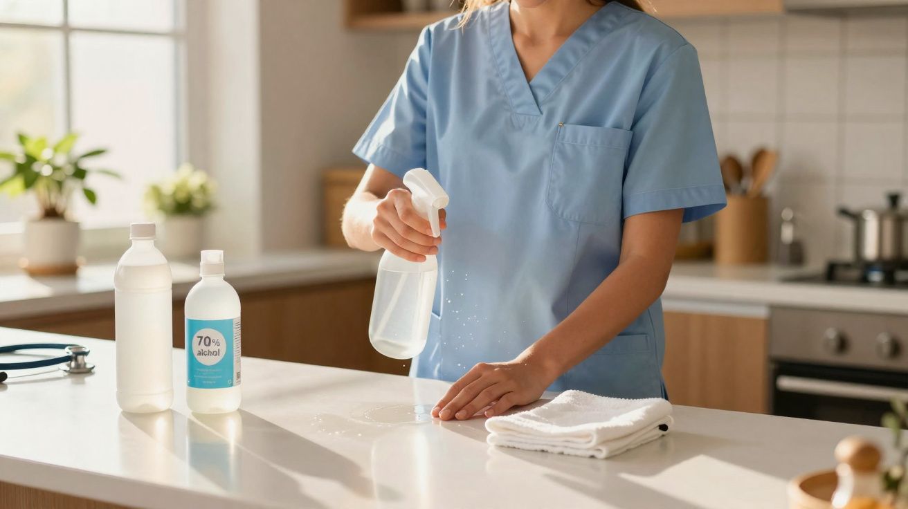 Pessoa com uniforme médico a limpar uma superfície de cozinha com spray desinfetante e pano branco.