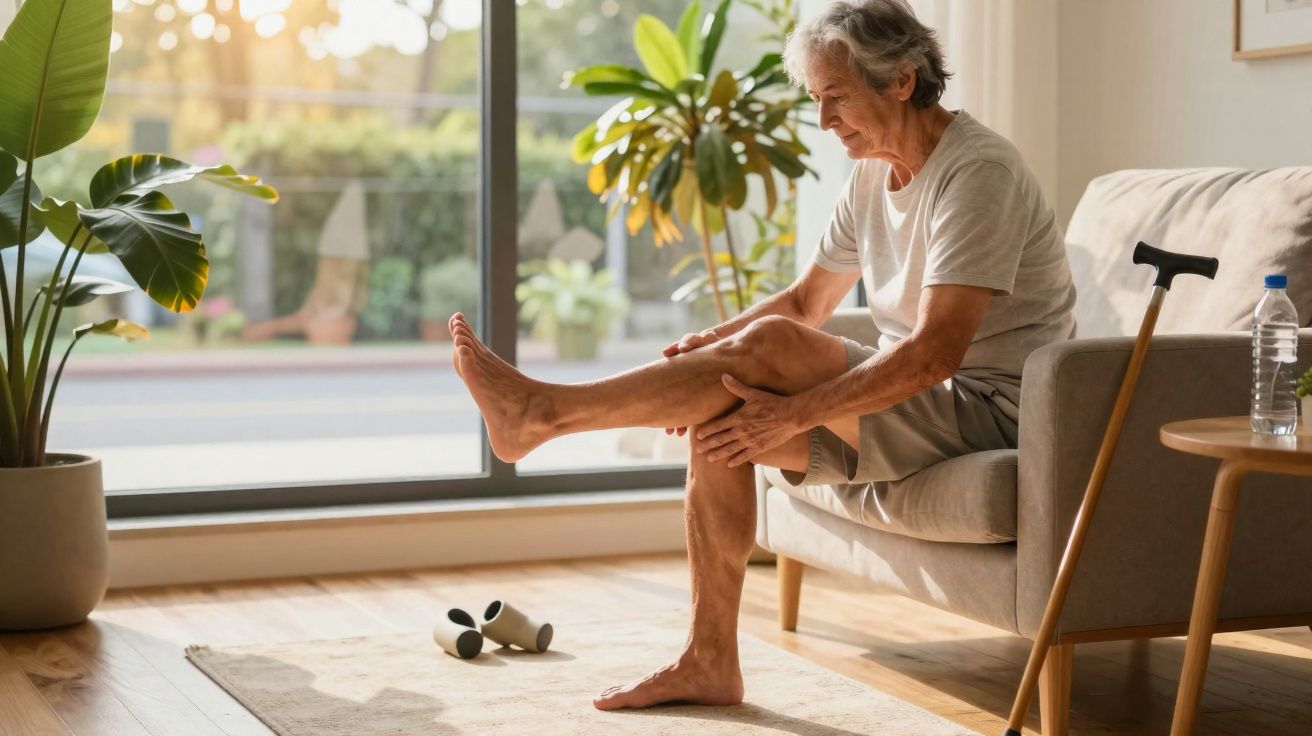 Idoso sentado no sofá a segurar a perna, ao lado de uma bengala, num ambiente iluminado e confortável.