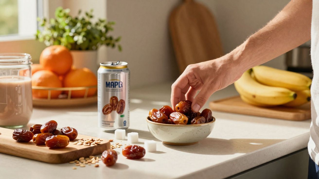 Mão a apanhar tâmaras de uma tigela, com tâmaras, açúcar, bebida e fruta numa bancada de cozinha iluminada.