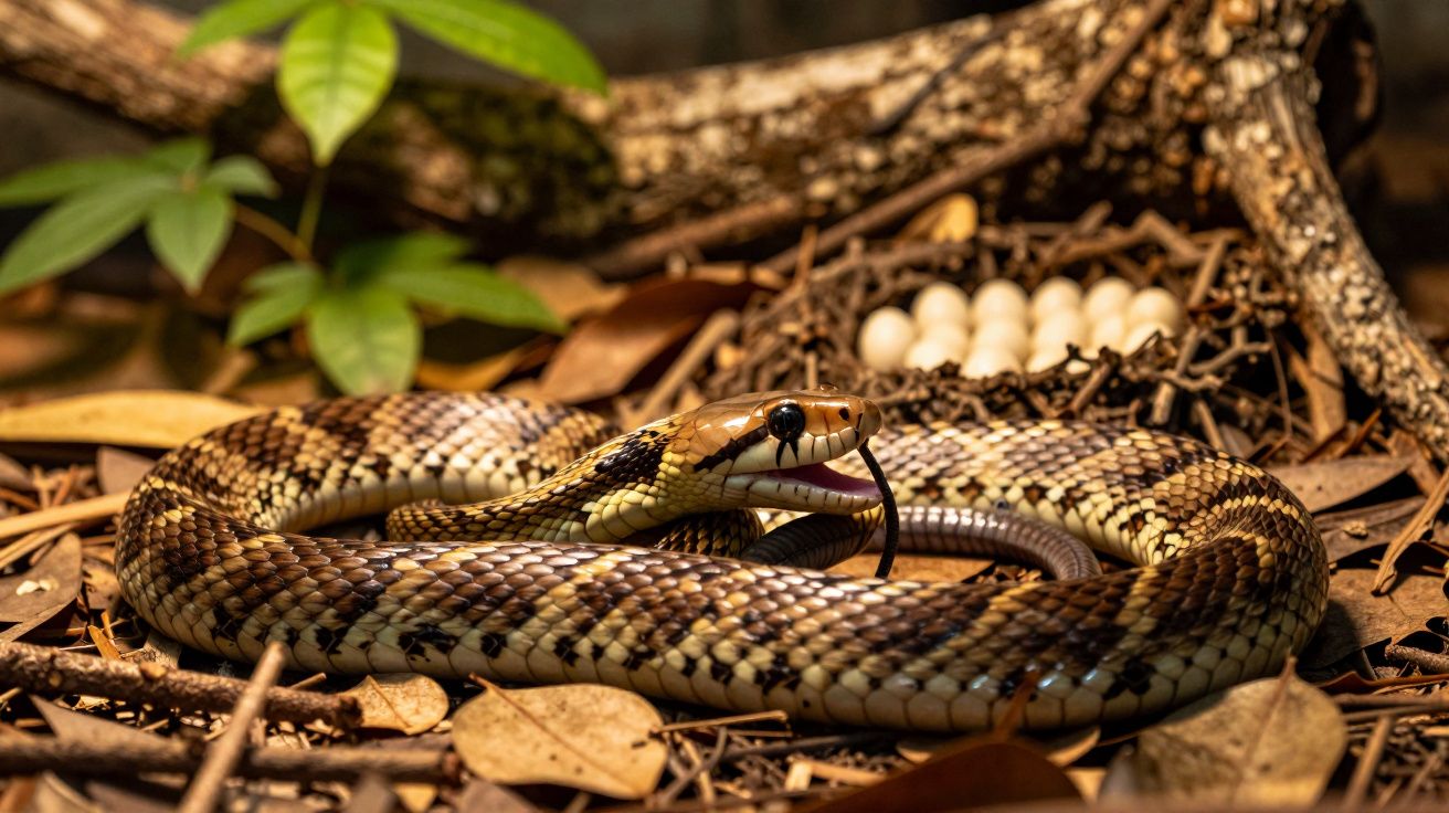 Cobra enrolada perto de ninhos com ovos brancos sobre folhas secas e galhos no chão da floresta.