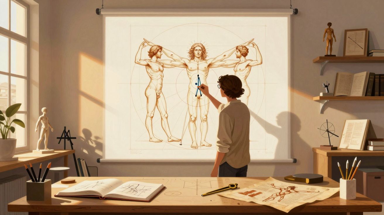 Pessoa estudando figuras anatómicas humanas clássicas num estúdio iluminado pelo sol.