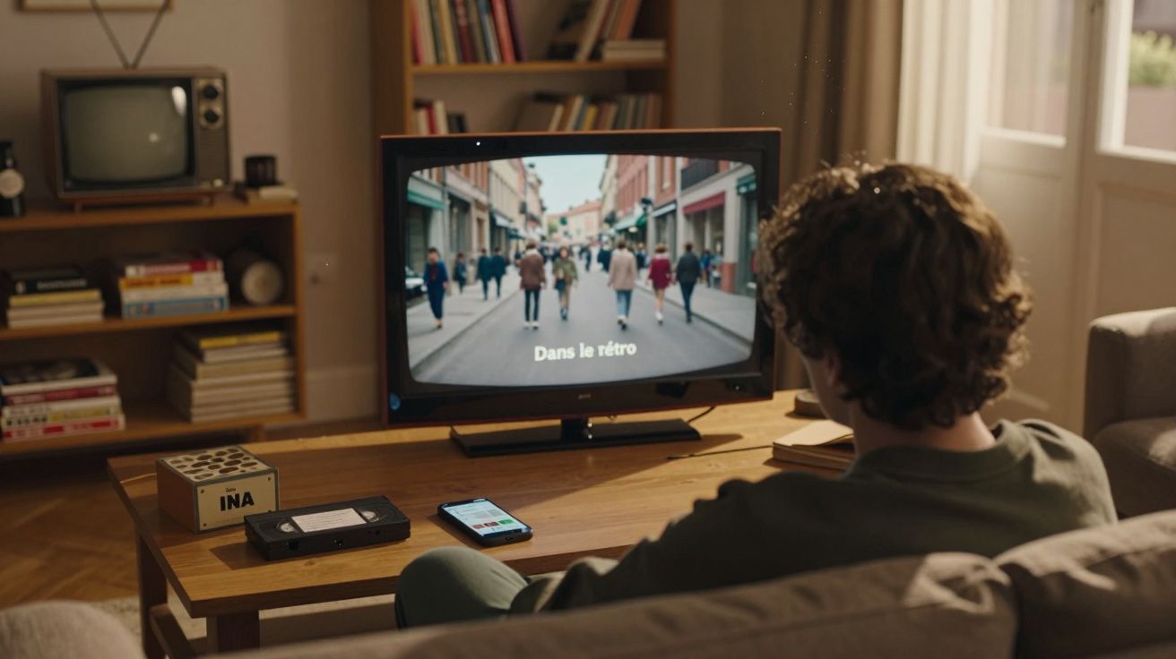 Pessoa sentada no sofá a ver um programa num televisor antigo numa sala com decoração retro