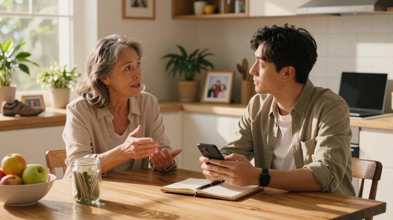 Mulher idosa e jovem sentado à mesa da cozinha conversam, ele segura telemóvel, caderno aberto em cima da mesa.