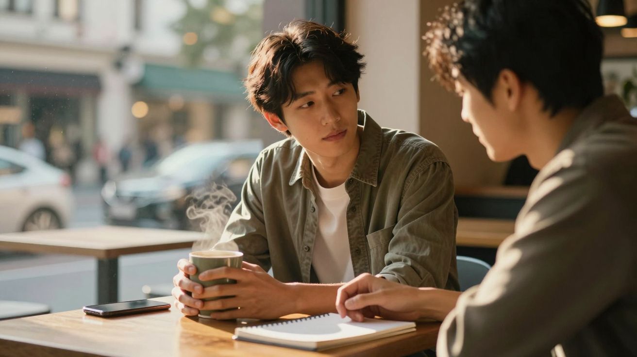 Dois jovens a conversar numa cafetaria, um deles segura uma chávena de café fumegante.