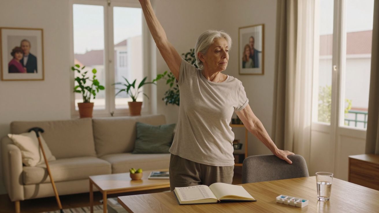 Mulher idosa a fazer exercícios de alongamento em casa junto a uma mesa com medicação e um copo de água.