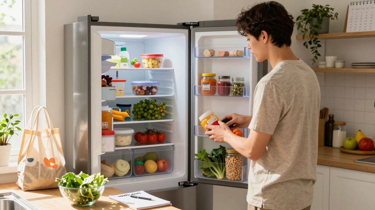 Pessoa a arrumar alimentos frescos numa frigorífico aberto numa cozinha iluminada com luz natural.