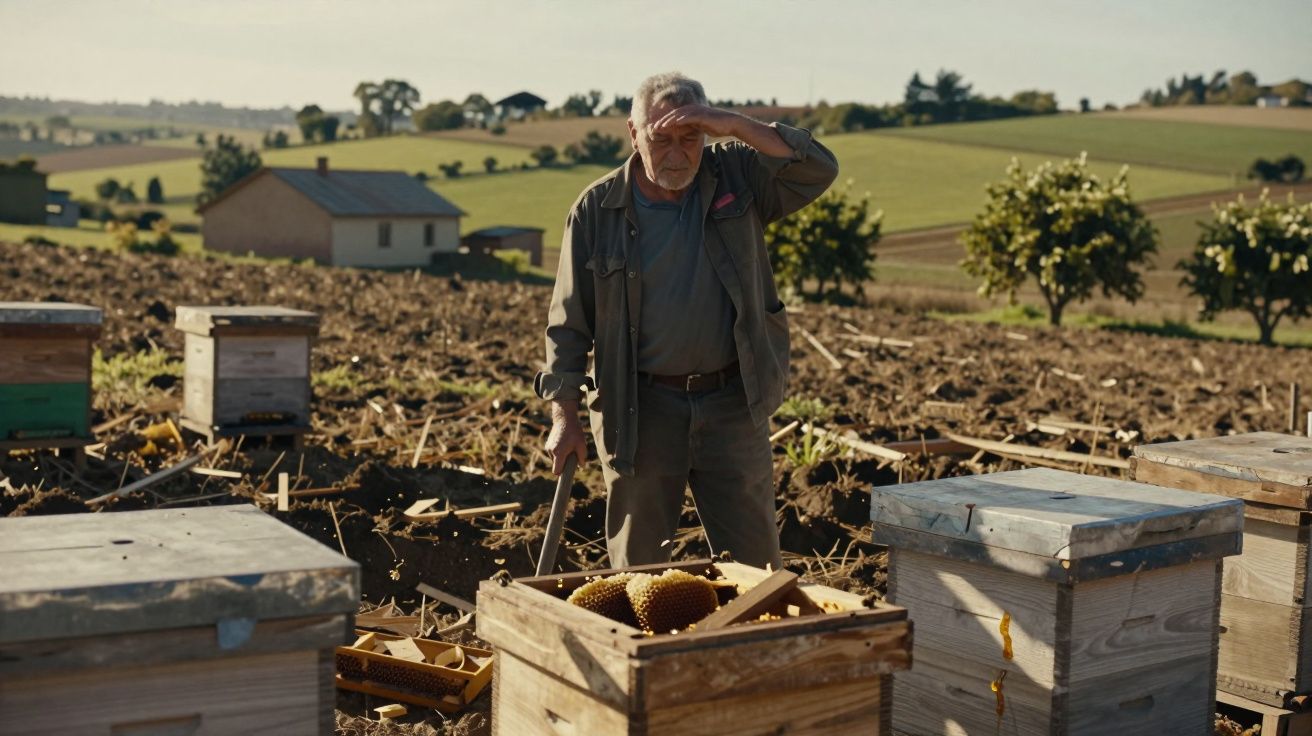 Homem ancião na apicultura observa colmeias num campo rural ao entardecer, com paisagem campestre ao fundo.