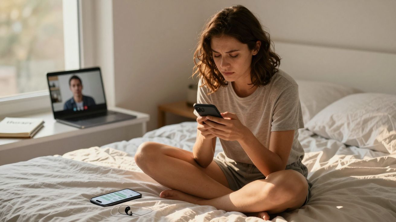Mulher sentada na cama a olhar preocupada para o telemóvel com videochamada aberta no computador ao fundo.