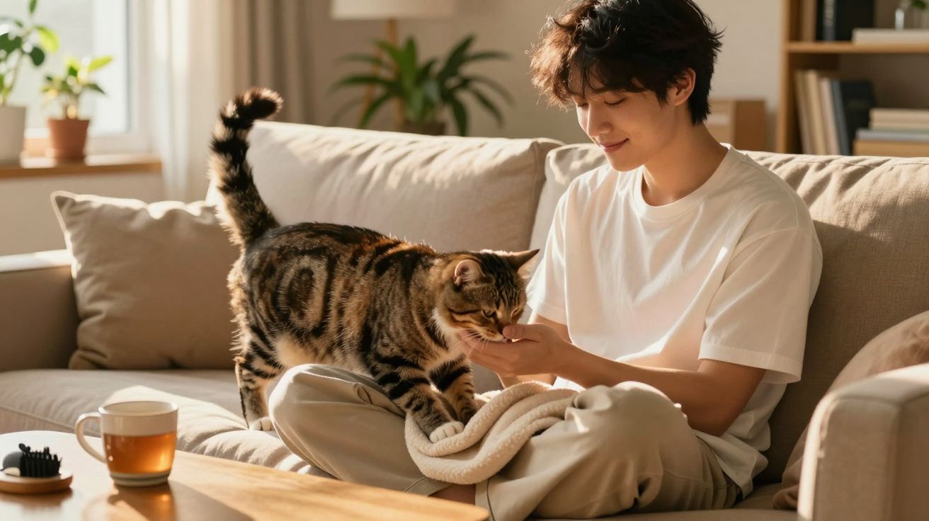 Jovem sentado no sofá a alimentar e brincar com um gato, num ambiente acolhedor e luminoso.