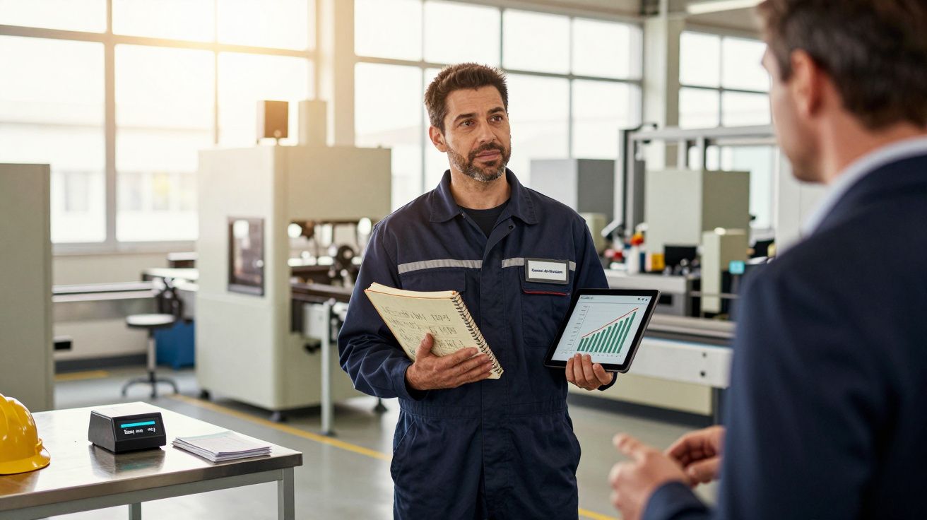 Operário em macaco azul apresenta gráficos num tablet a colega numa fábrica moderna.