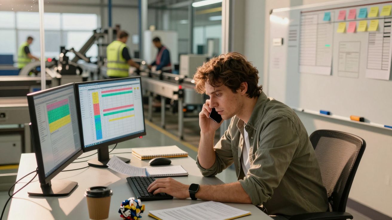 Homem jovem a trabalhar com dois ecrãs e falar ao telemóvel num escritório industrial moderno.