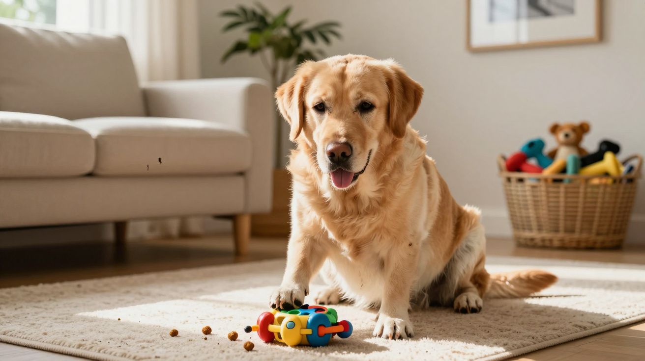 Cão Labrador sentado numa sala clara, com brinquedo colorido e ração espalhada sobre tapete bege.