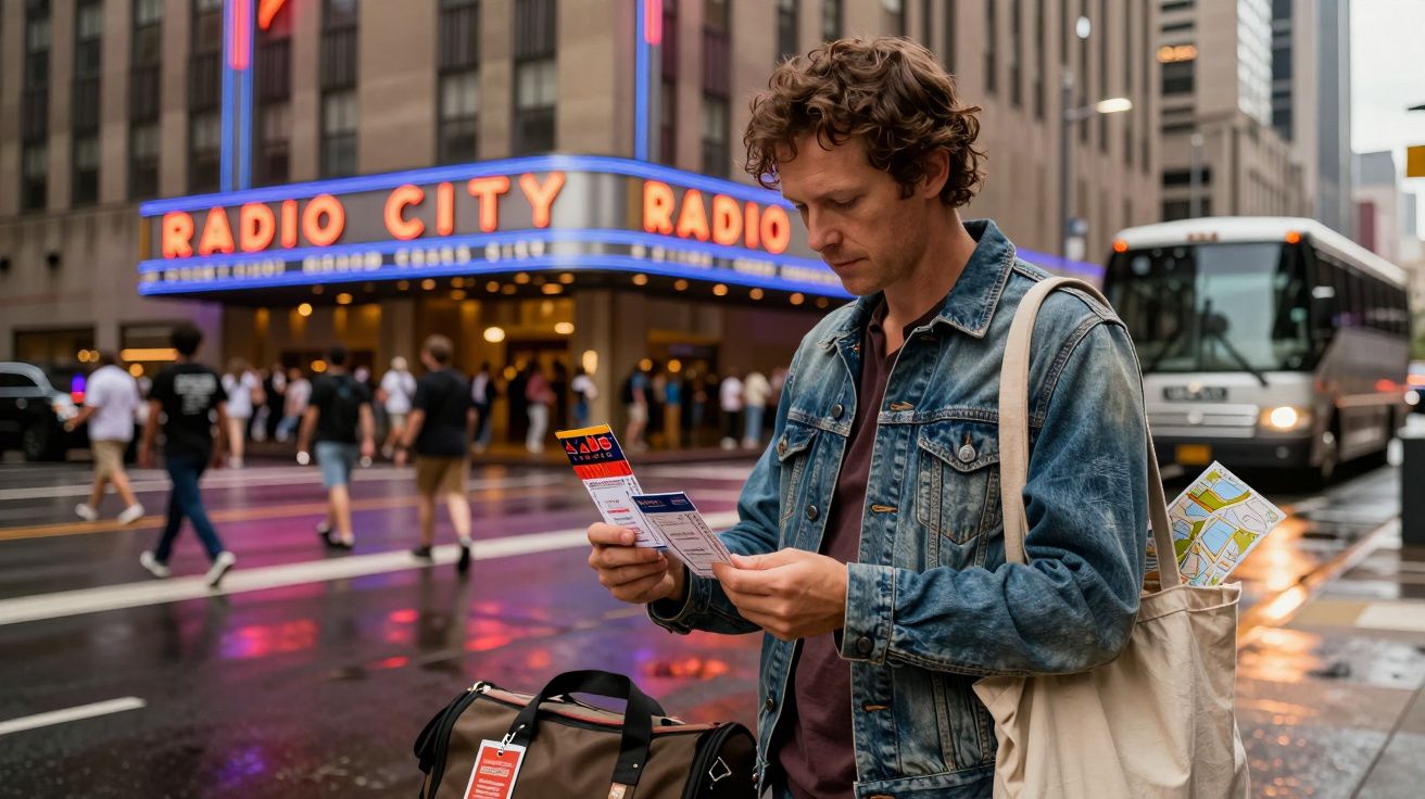 Homem com casaco de ganga consulta mapa em frente ao Radio City em zona urbana movimentada.