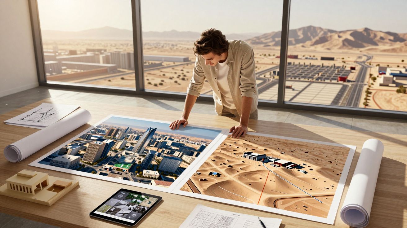 Homem a analisar plantas urbanísticas numa mesa, com paisagem desértica e montanhas ao fundo.