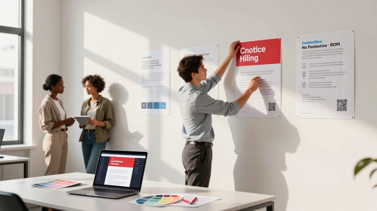 Homem a colar cartaz numa parede branca enquanto duas mulheres conversam ao fundo numa sala iluminada.