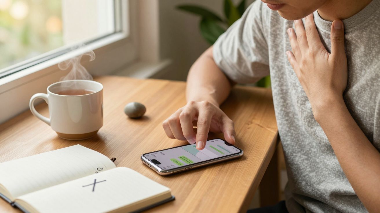 Pessoa a usar telemóvel e a tocar no pescoço numa mesa com chá quente e caderno perto da janela.