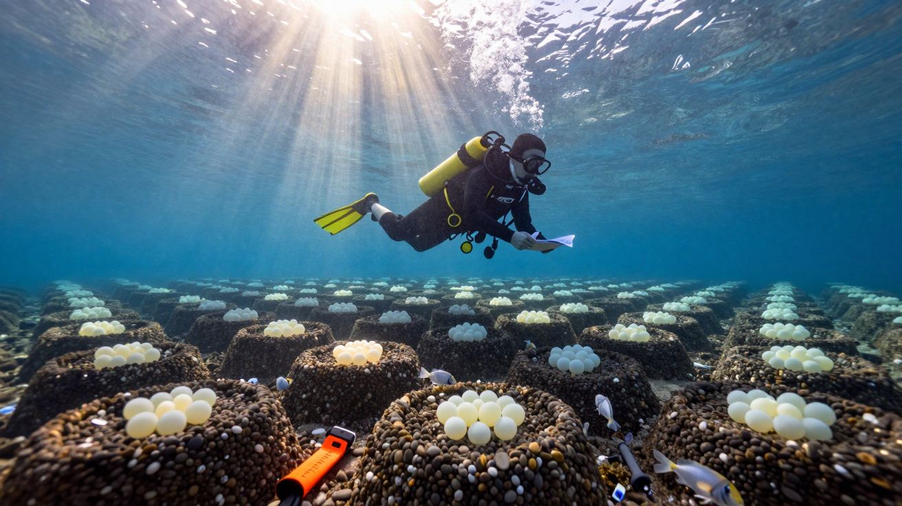 Mergulhador a examinar viveiros subaquáticos circulares com ovos brancos no fundo do mar iluminado pelo sol.