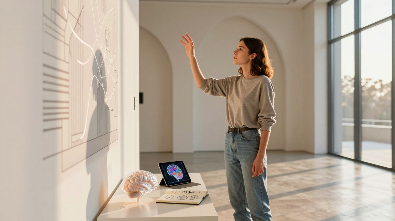 Mulher jovem em sala ampla interage com projeção de cérebro e imagens digitais numa mesa com janela grande.