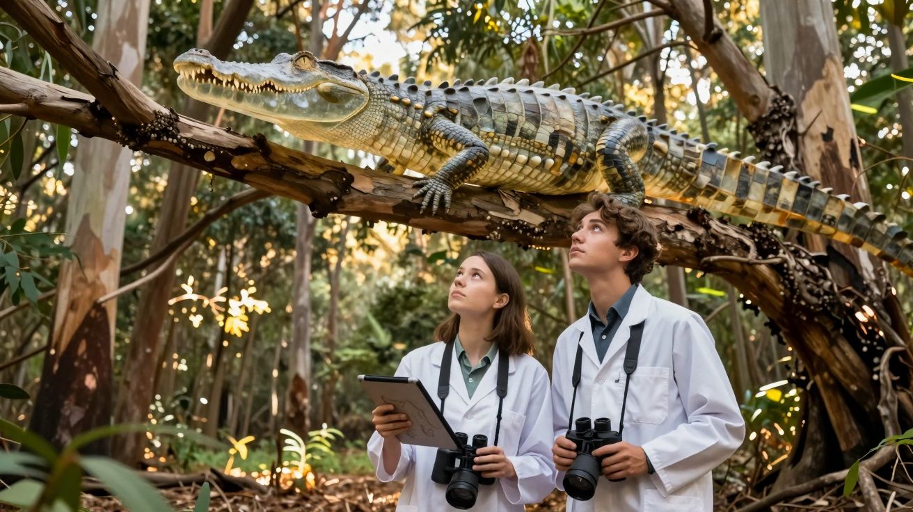 Dois jovens pesquisadores observam um crocodilo em tronco de árvore numa floresta densa.